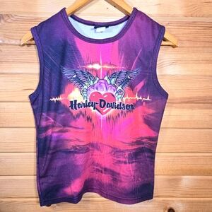 Harley Davidson Vintage Tank Large Sunset Heart Moto Purple Pink Wings Indiana